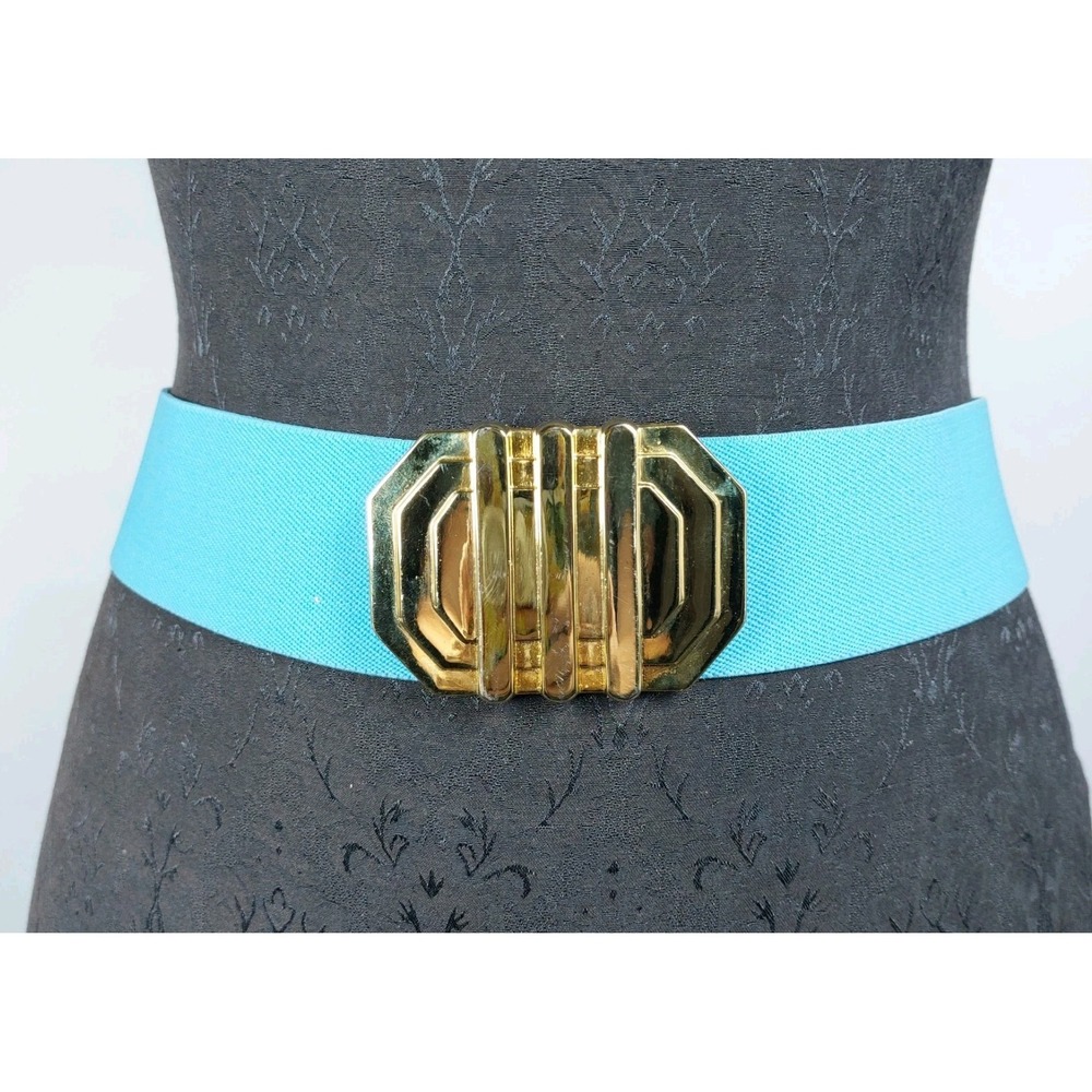 Vintage 80s Stretch Belt Geometric Gold Buckle Light Blue Sz Med 2"x27.5"